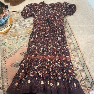 Ulla Johnson Floral Midi Dress in Navy and Orange